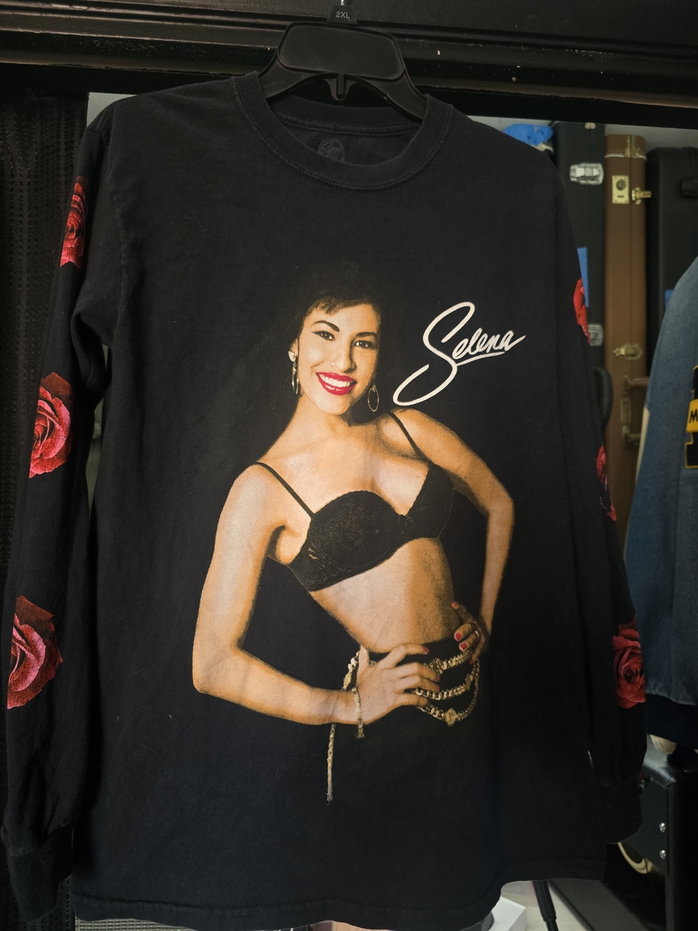 Selena Black Long-Sleeve Graphic Tee with Red Rose Sleeves